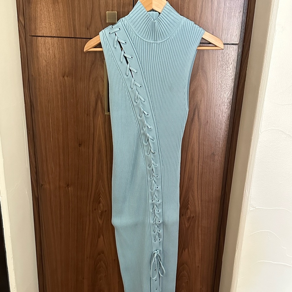 Johnathan Simkhai Ribbed Lace-Up Midi Dress in Ice Blue
